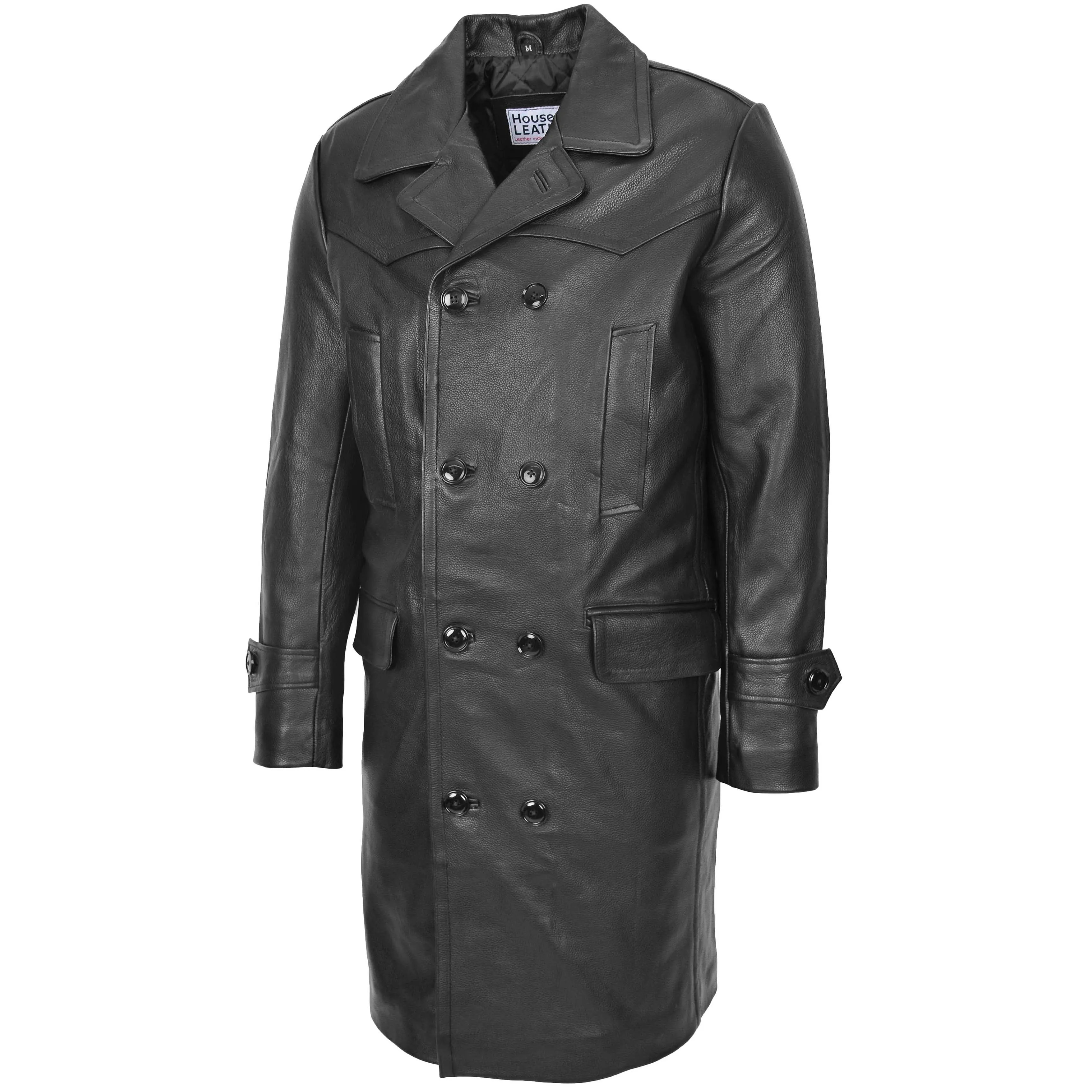 Mens Leather 3/4 Length Greatcoat Submarine Black