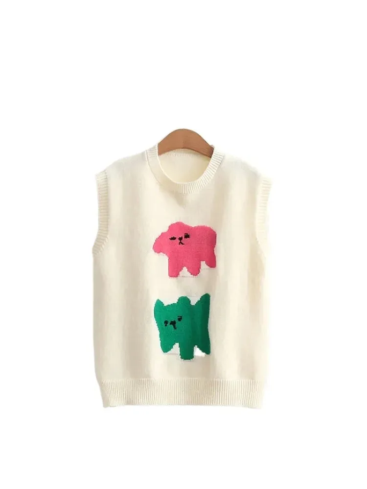 Metaversmall Cartoon Embroidery Knit Pullover Women Sweater Vest Spring O- Neck Sleeveless Korean Ladies Daily Harajuku Soft Jumpers Top