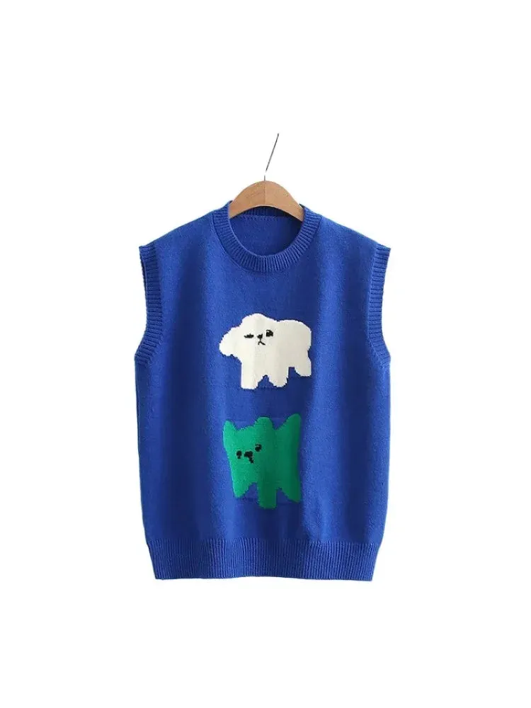 Metaversmall Cartoon Embroidery Knit Pullover Women Sweater Vest Spring O- Neck Sleeveless Korean Ladies Daily Harajuku Soft Jumpers Top