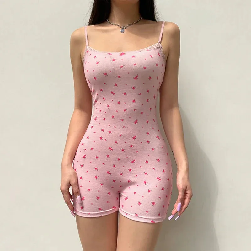 Metaversmall Sweet Pink Spaghetti Strap Skinny Playsuit Women Lace Trim Floral Printed Korean Summer Bodysuit One Piece Romper New