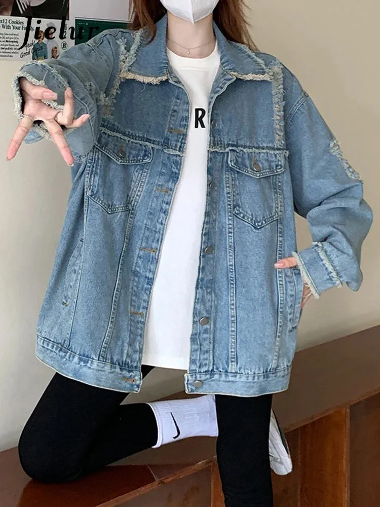 Metaversmall Vintage Denim Jackets Women Ripped Tassel Coat All Match Casual Loose Woman Jacket Korean Fashion Y2K Harajuku Coats S-XL