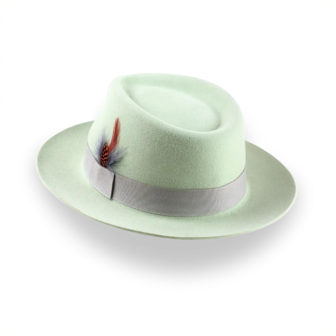 Mint Green Fedora Hat With Feather in Premium Fur Felt | The Clubber