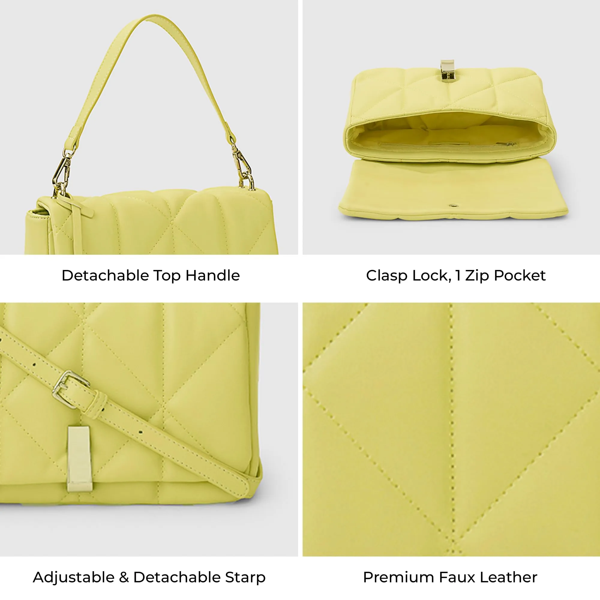 Miraggio Genevieve Quilted Crossbody Bag for Women with Detachable Sling Strap & Top Handle (Lemon Yellow)