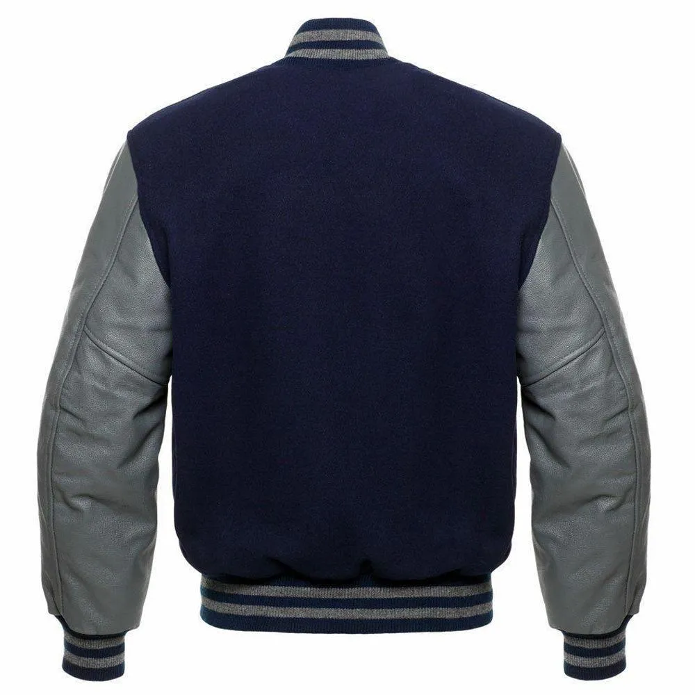 Navy Blue and Grey Leather Sleeve Varsity Jacket with Custom Logos