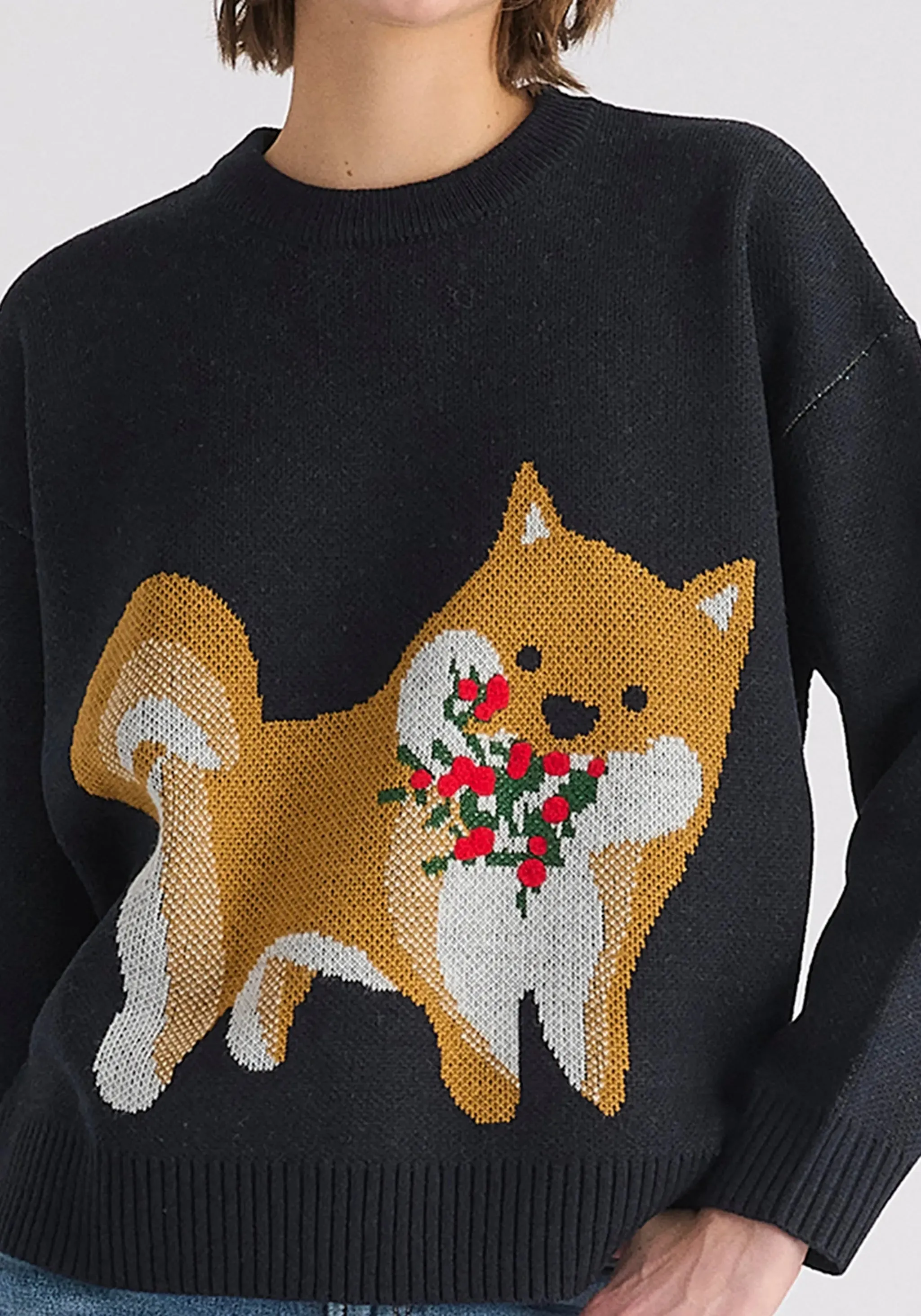 Navy Christmas Jumper With Dog and Mistletoes