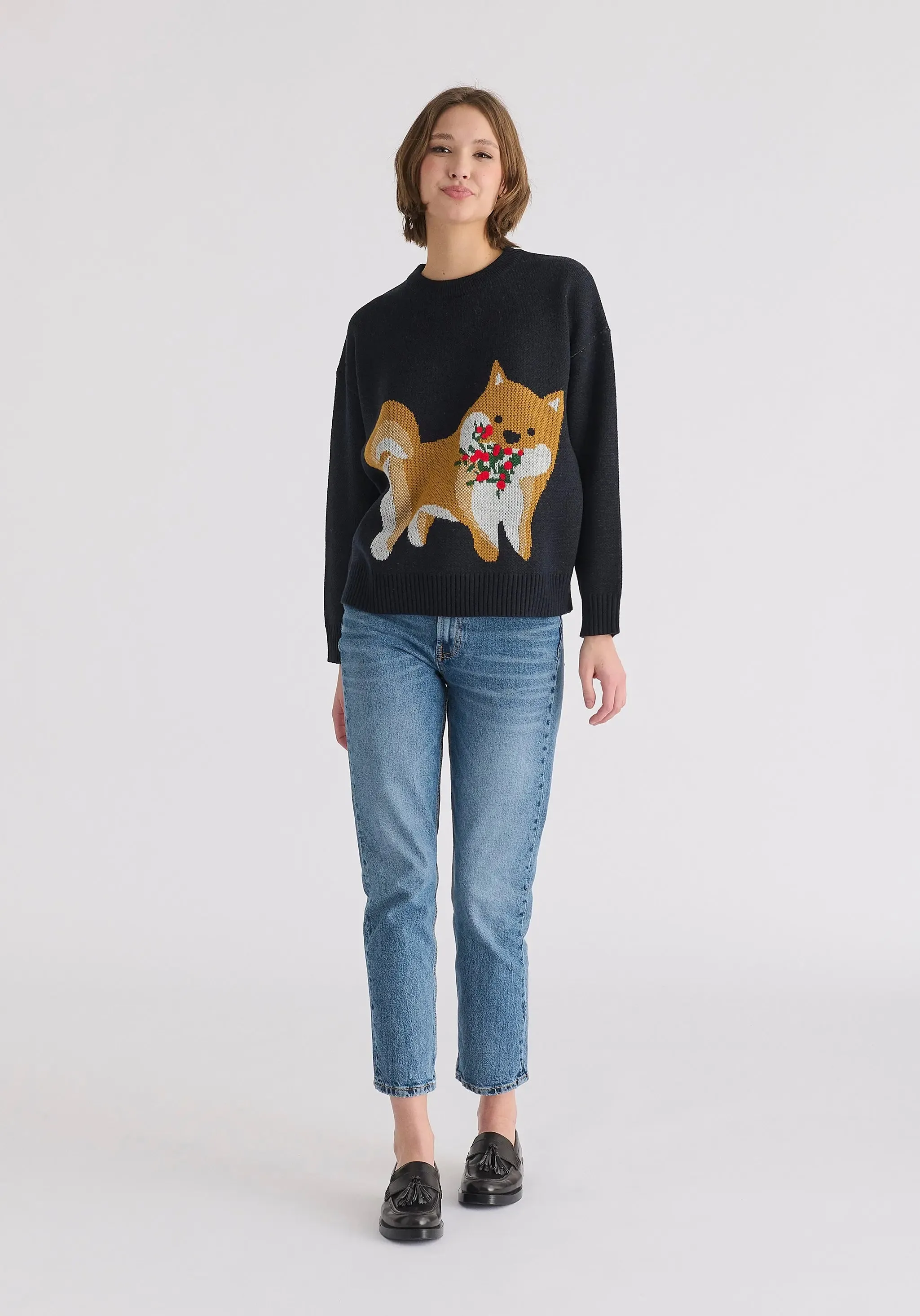 Navy Christmas Jumper With Dog and Mistletoes