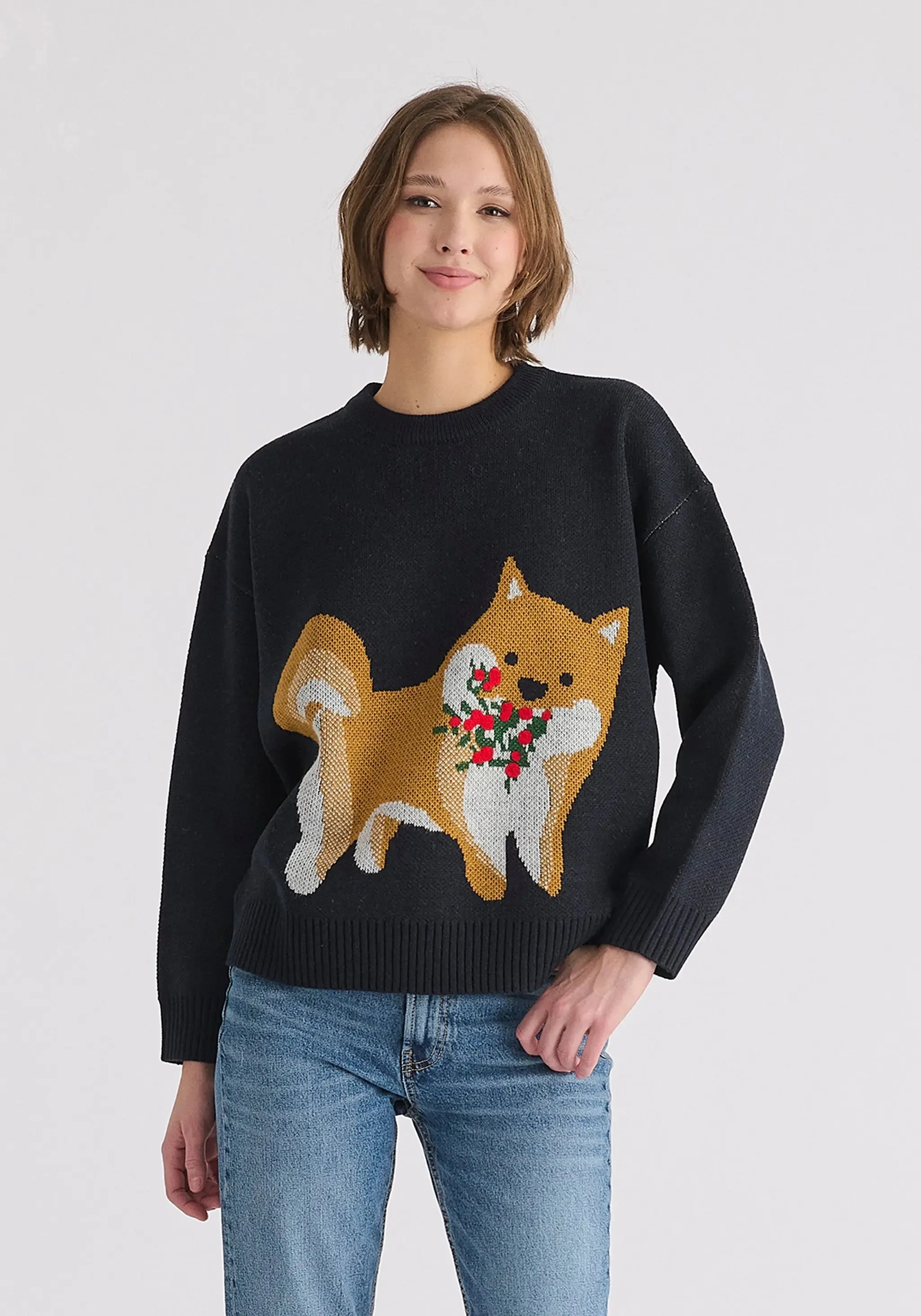 Navy Christmas Jumper With Dog and Mistletoes