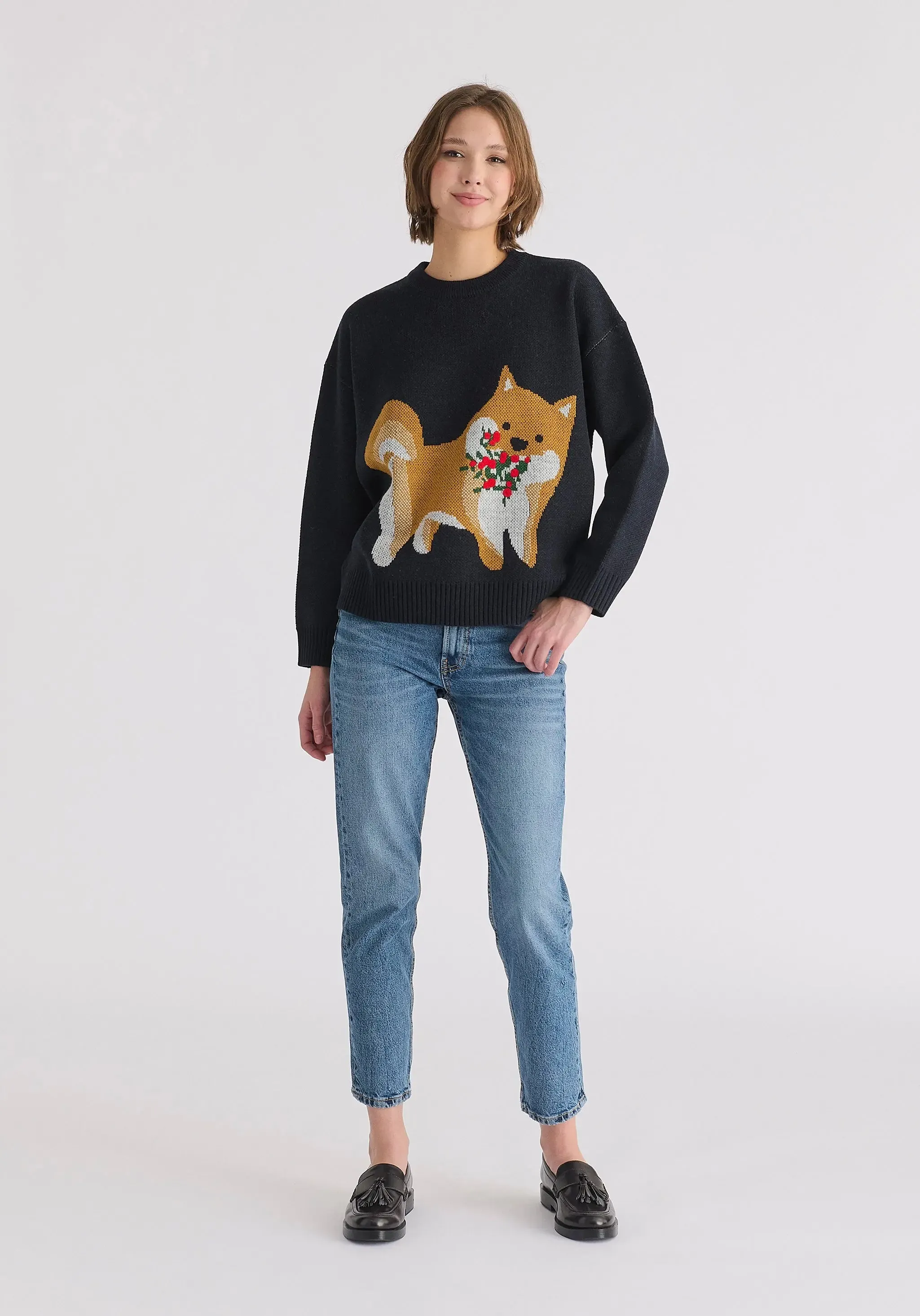 Navy Christmas Jumper With Dog and Mistletoes