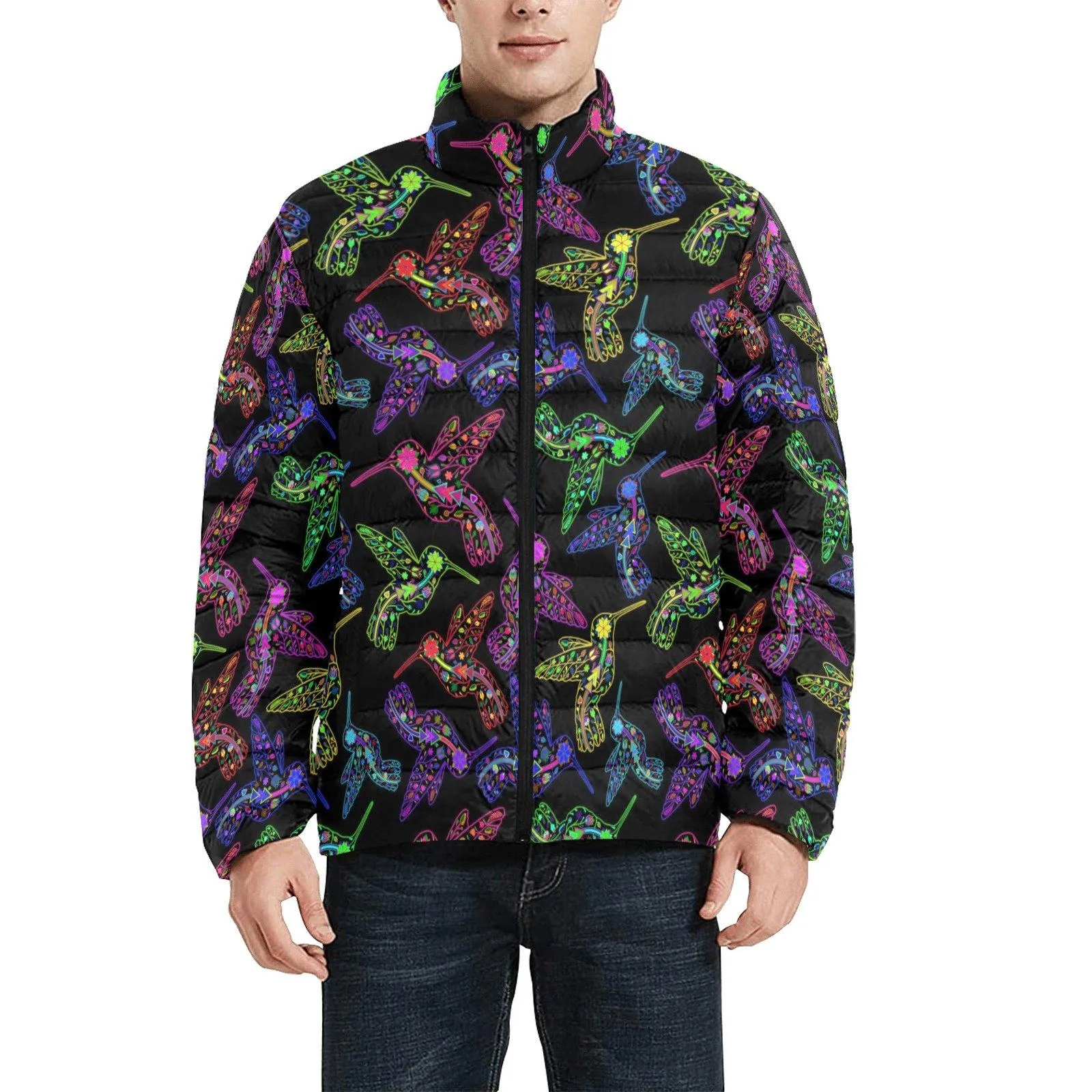 Neon Floral Hummingbirds Men's Stand Collar Padded Jacket