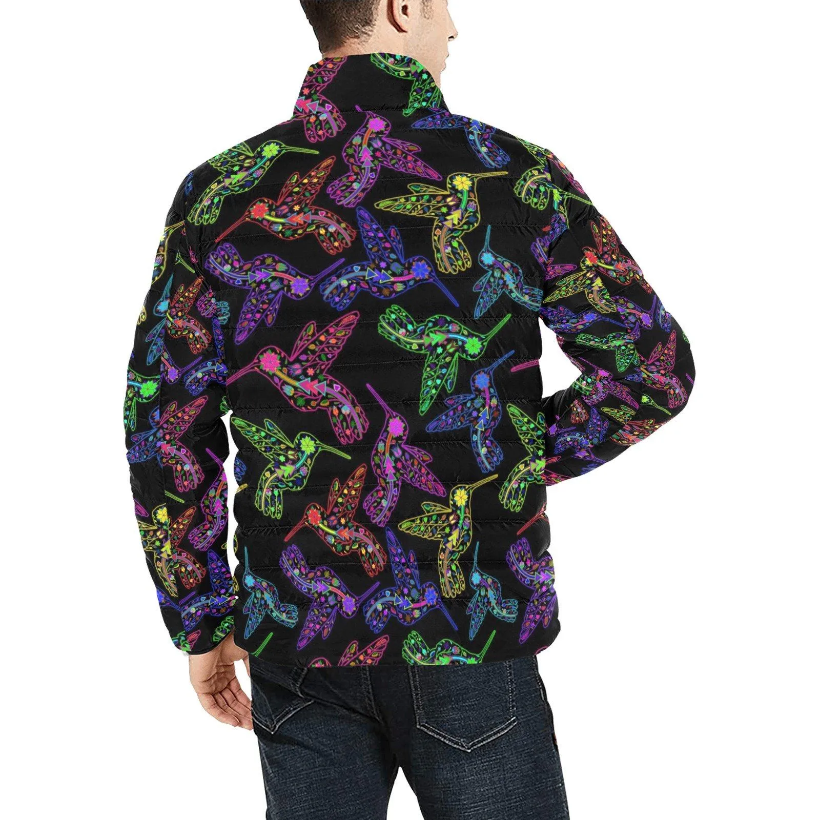 Neon Floral Hummingbirds Men's Stand Collar Padded Jacket