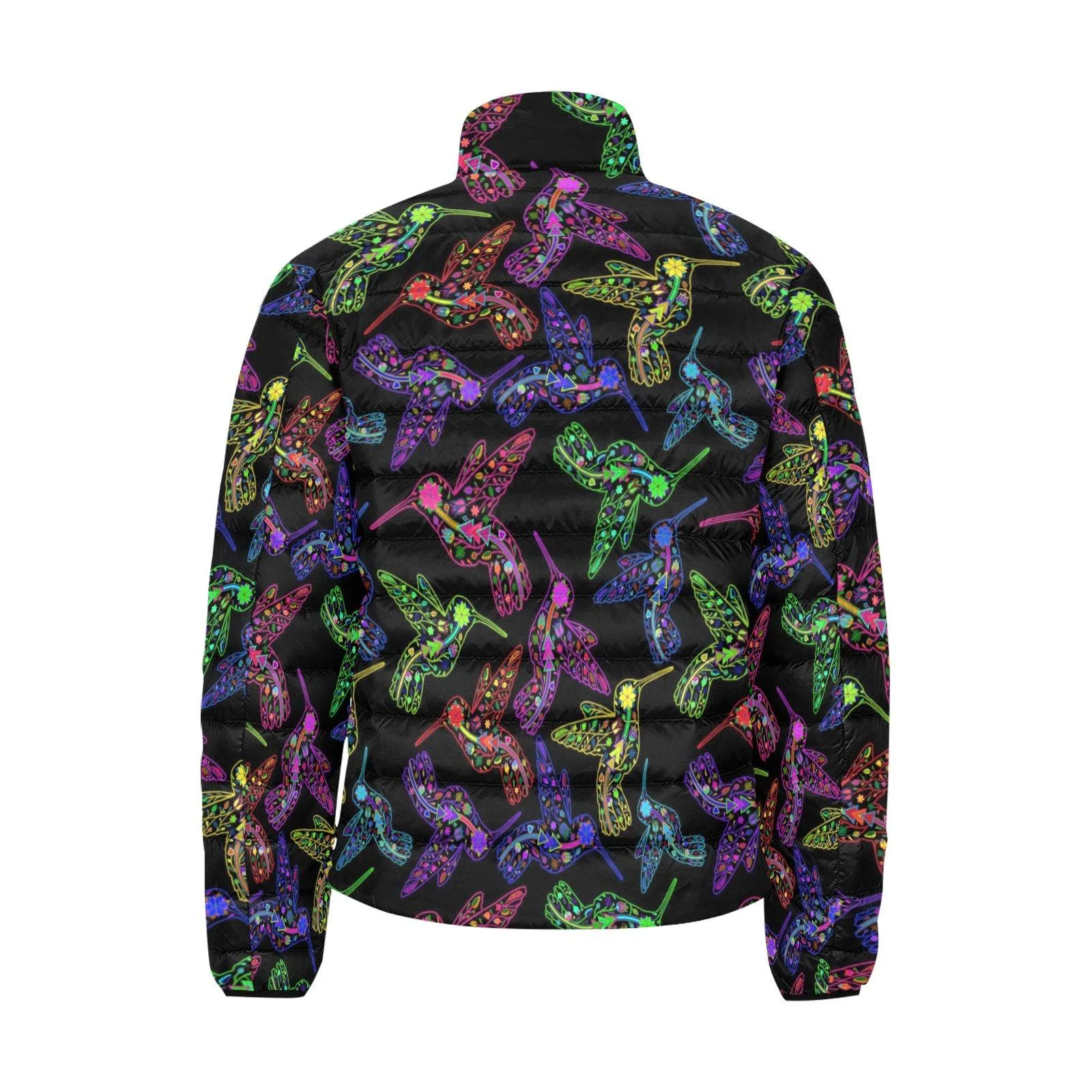 Neon Floral Hummingbirds Men's Stand Collar Padded Jacket