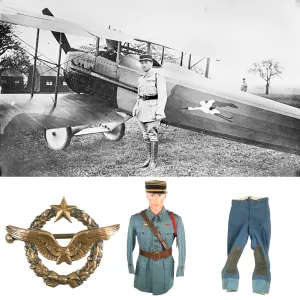 Original France WWI Pilot Armée de l'Air French Air Service Officer’s Uniform Set With Tunic, Trousers, Sam Browne Belt and Kepi With Squadron Insignia - 'Stork Escadrille N3'