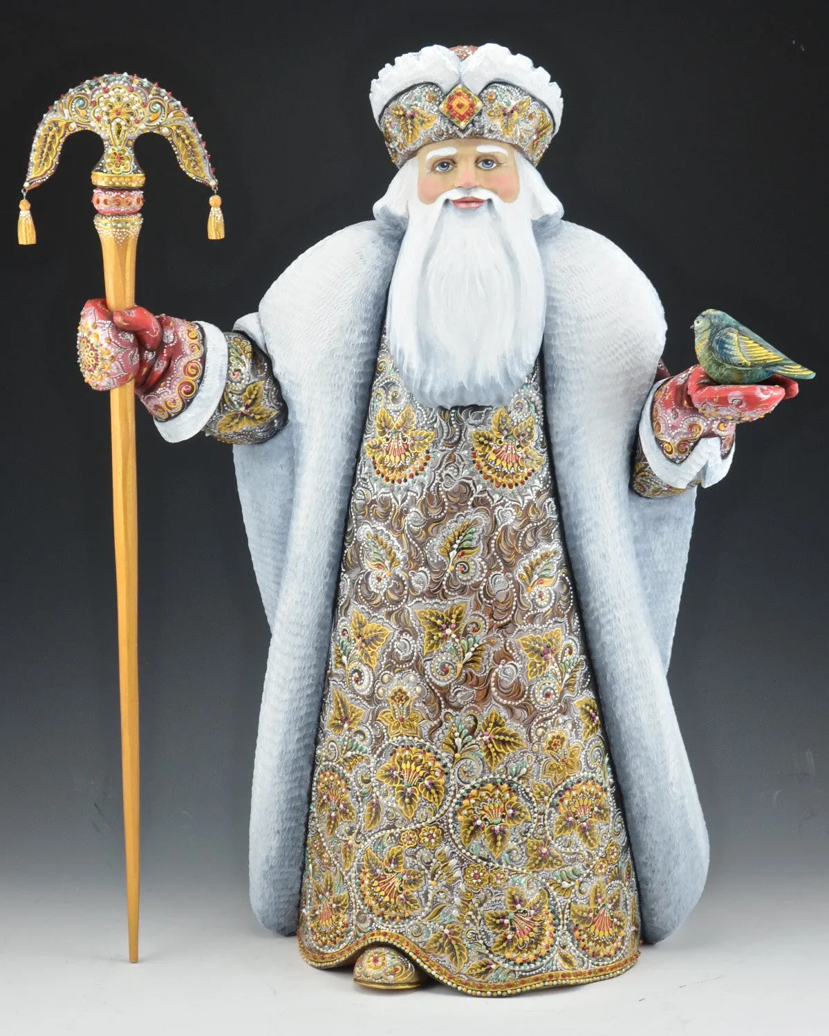 Partridge and Peace Bronze Russian Santa Carving 20"