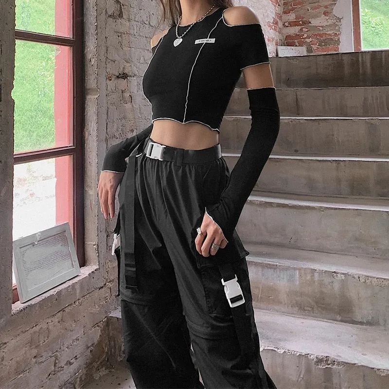 Patchwork Black Y2k Crop Tops Tees