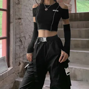 Patchwork Black Y2k Crop Tops Tees