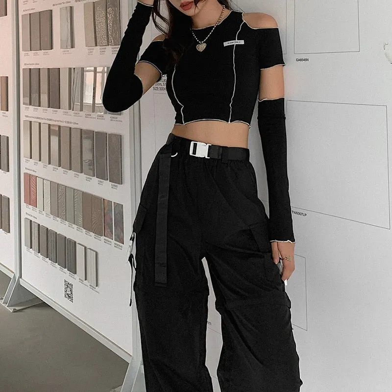 Patchwork Black Y2k Crop Tops Tees