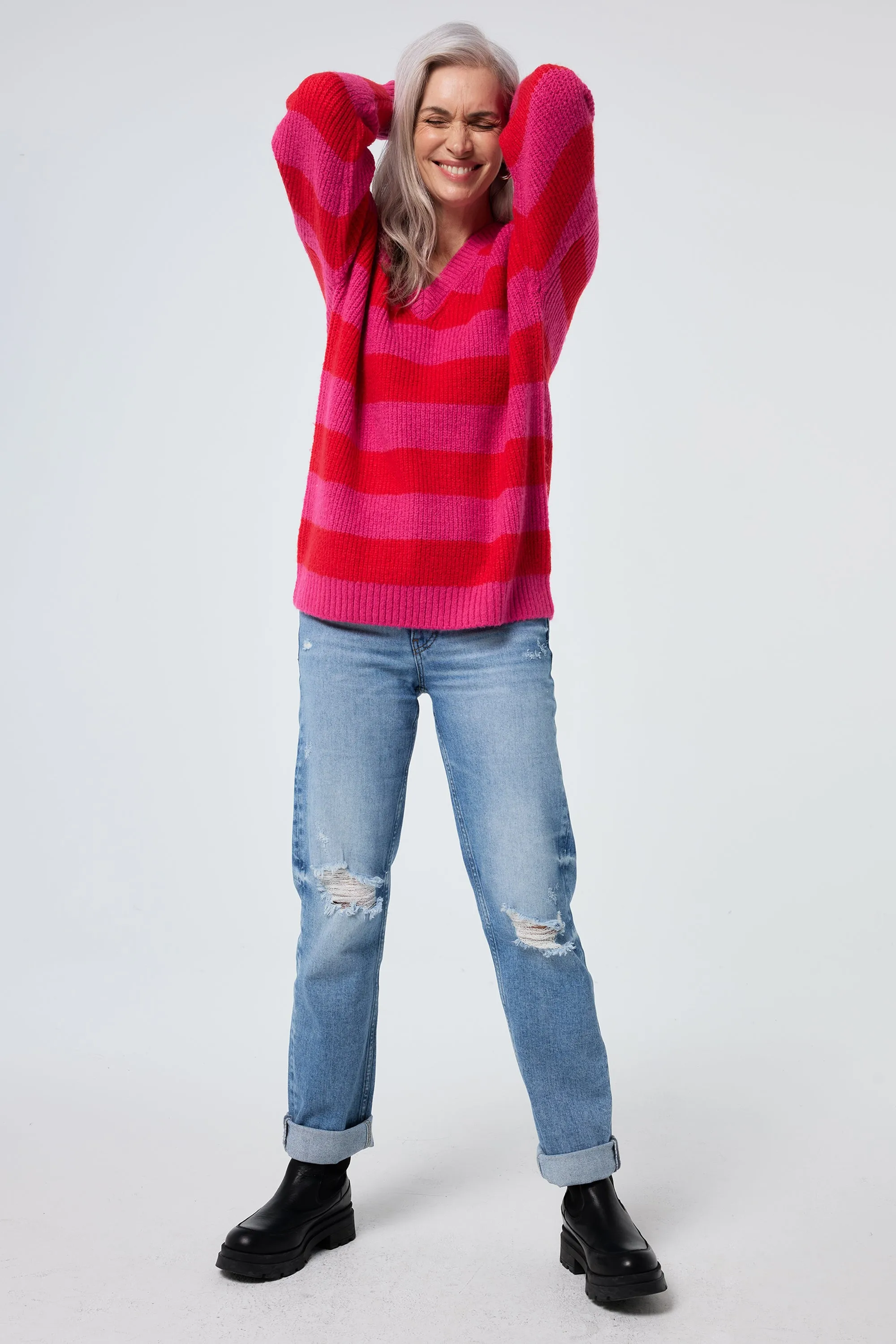 Pink and Red Stripe V Neck Knit Jumper