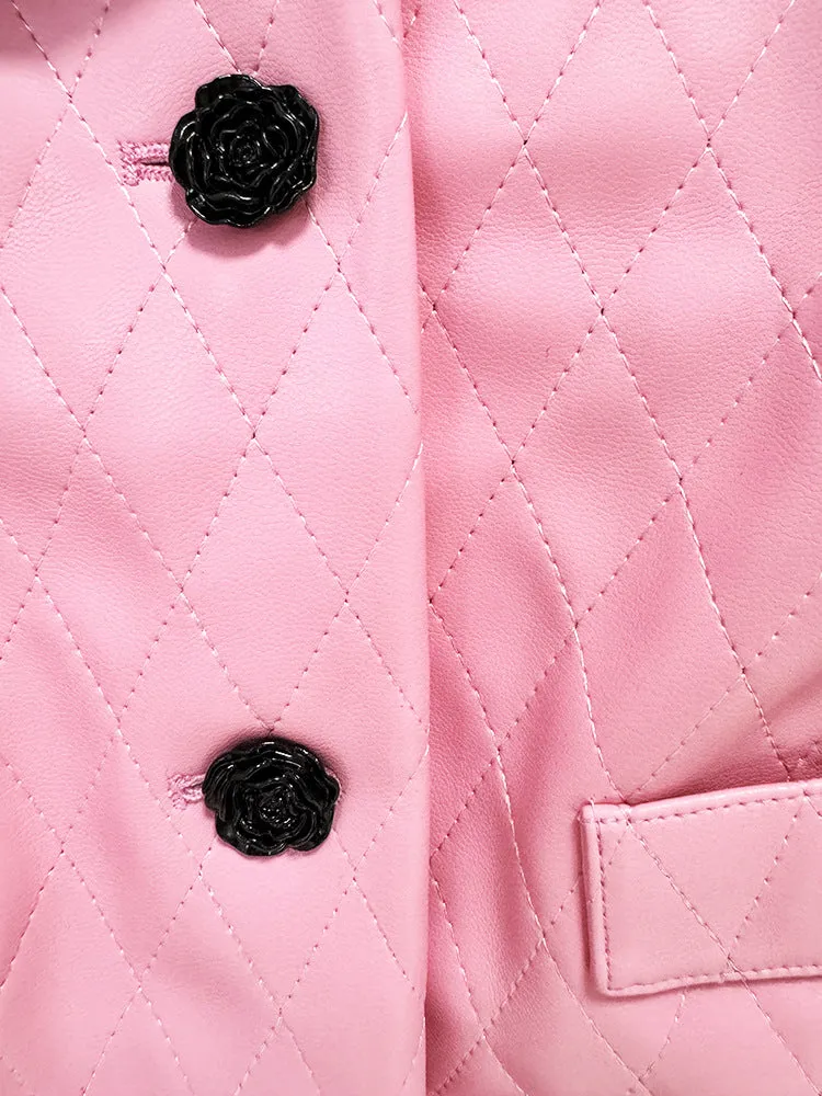 Pink Faux Leather Jacket and Skirt Suit - Crop Quilted Jacket & High Waist Skirt