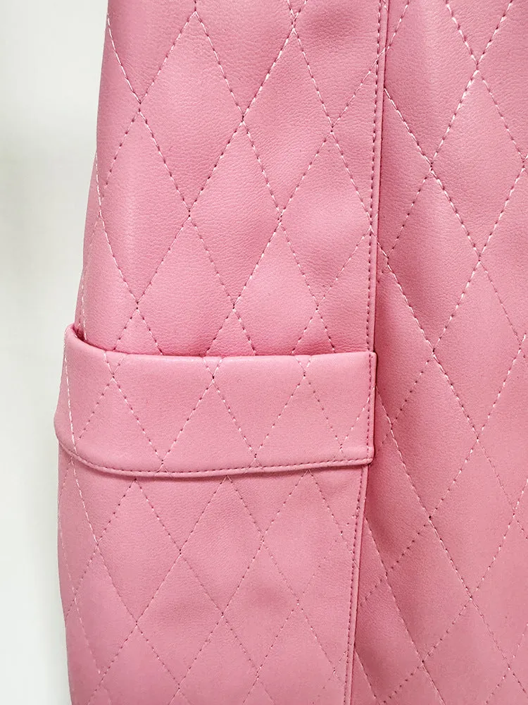 Pink Faux Leather Jacket and Skirt Suit - Crop Quilted Jacket & High Waist Skirt