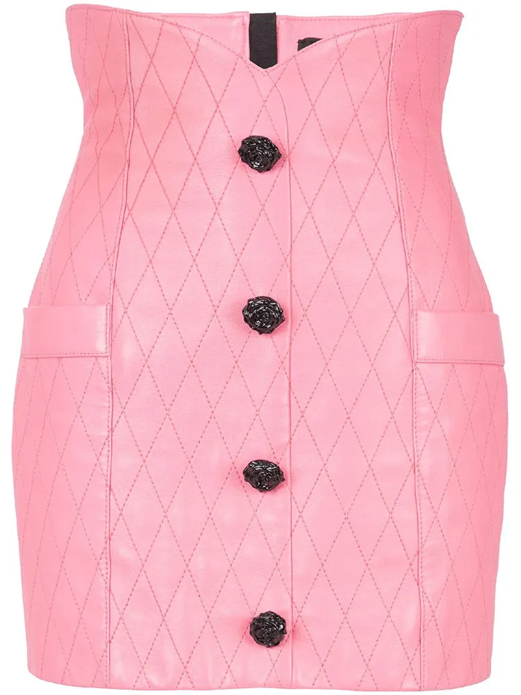 Pink Faux Leather Jacket and Skirt Suit - Crop Quilted Jacket & High Waist Skirt