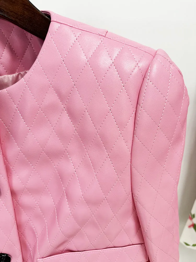 Pink Faux Leather Jacket and Skirt Suit - Crop Quilted Jacket & High Waist Skirt