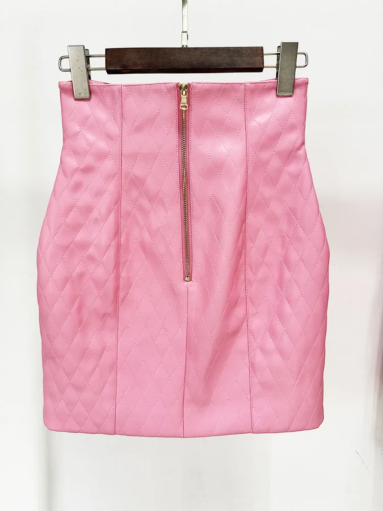 Pink Faux Leather Jacket and Skirt Suit - Crop Quilted Jacket & High Waist Skirt