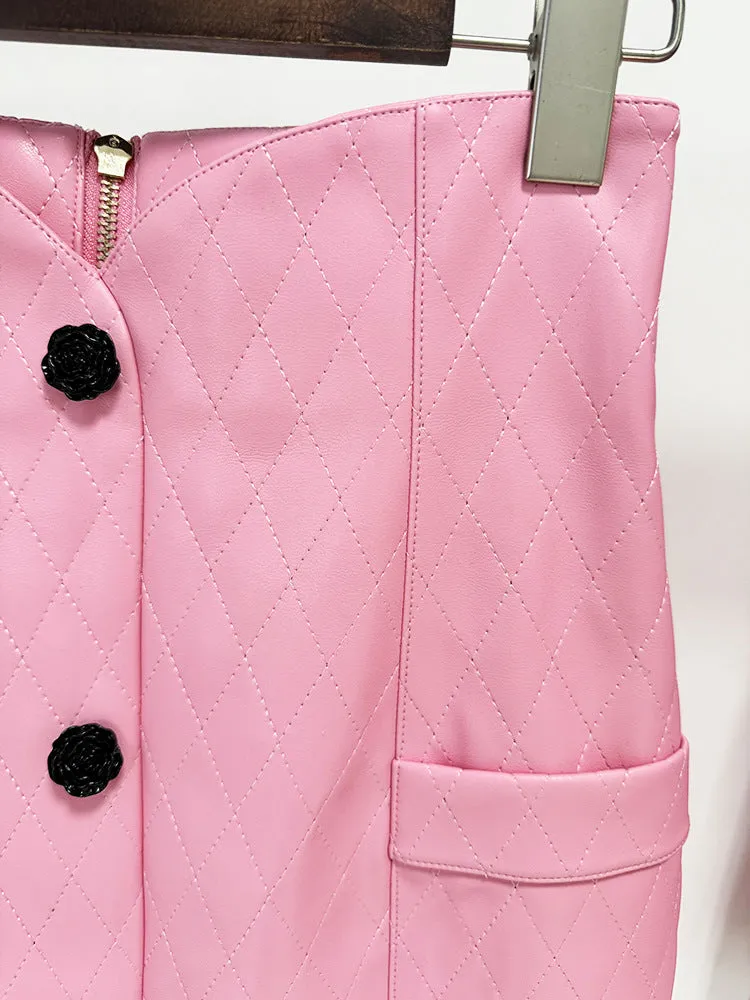 Pink Faux Leather Jacket and Skirt Suit - Crop Quilted Jacket & High Waist Skirt