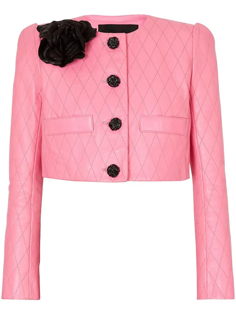 Pink Faux Leather Jacket and Skirt Suit - Crop Quilted Jacket & High Waist Skirt