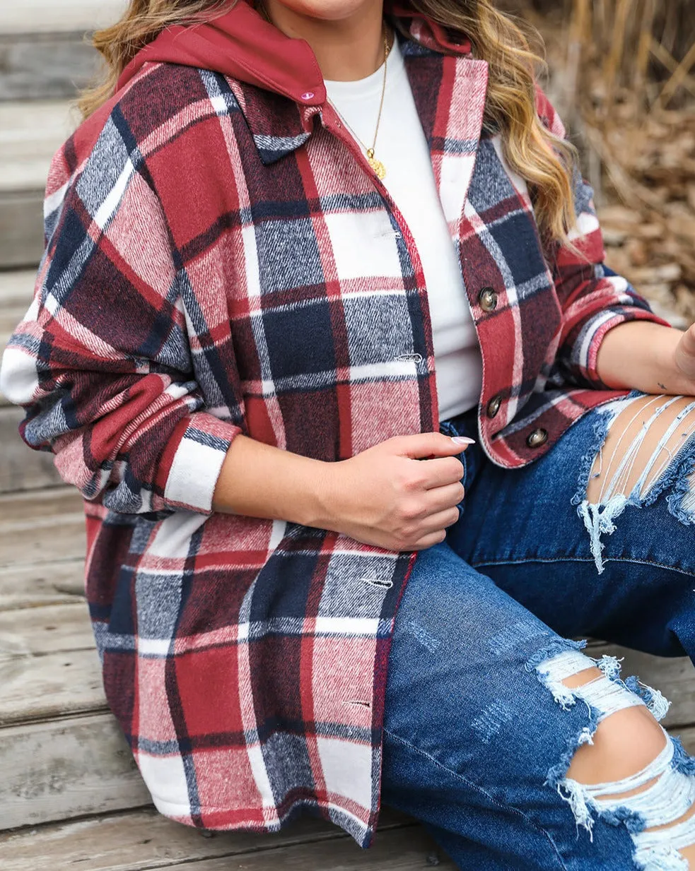 Plaid Button-Up Hooded Jacket Plus Size