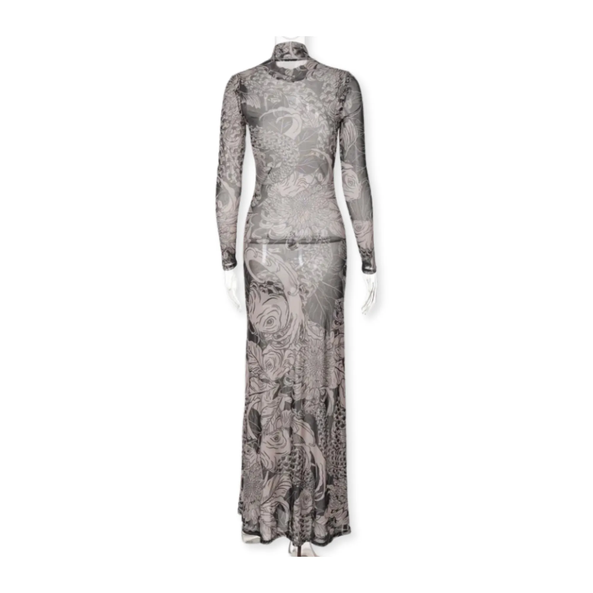 Pre Order:  See-Through Printed Mesh Maxi Dress