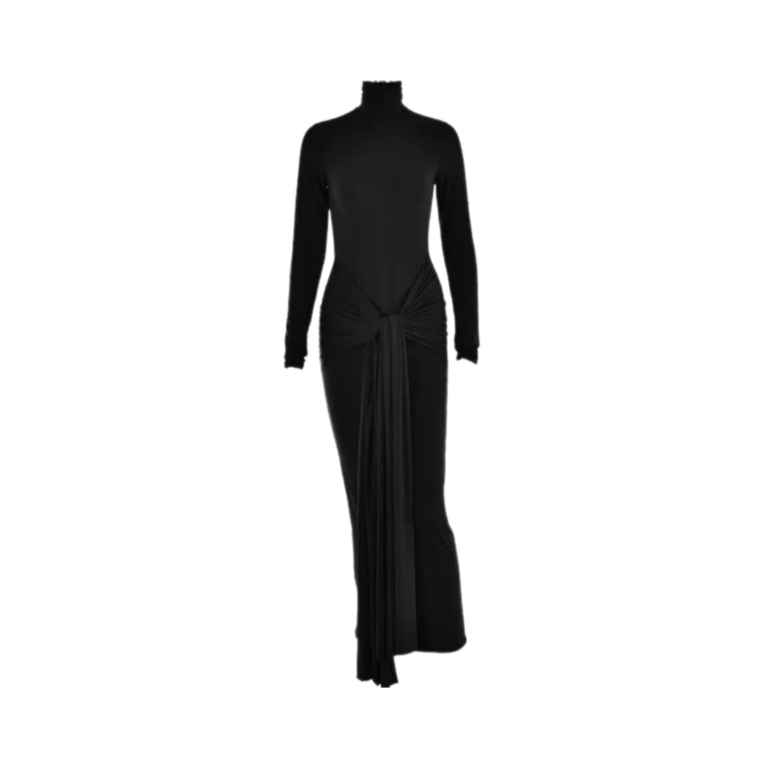 Pre Order:  Solid Bodycon Long Sleeve High Waist Patchwork Folds Maxi Dress