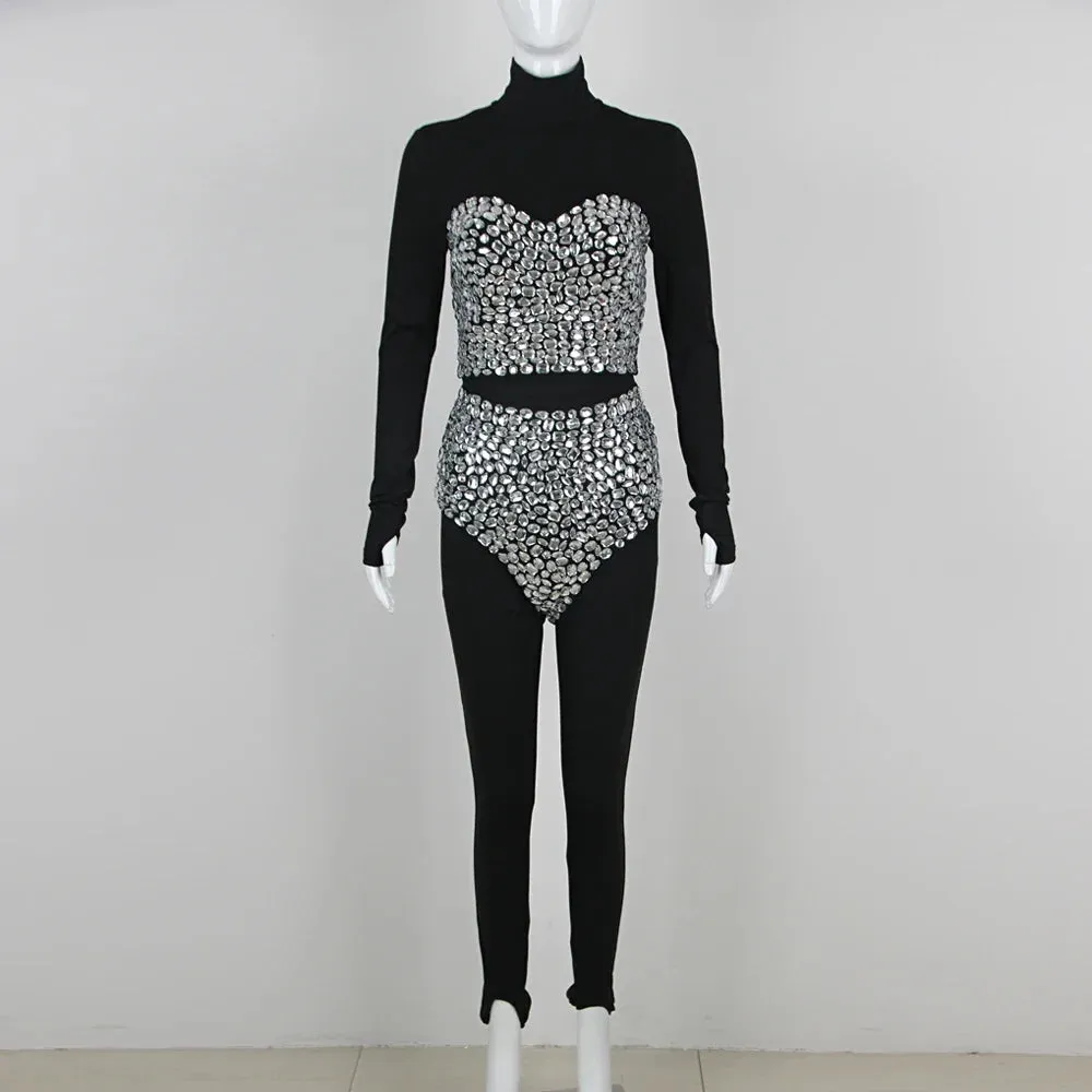 Pre Order:  Three-Piece High Waist Diamond Studded Bandage Jumpsuit Set