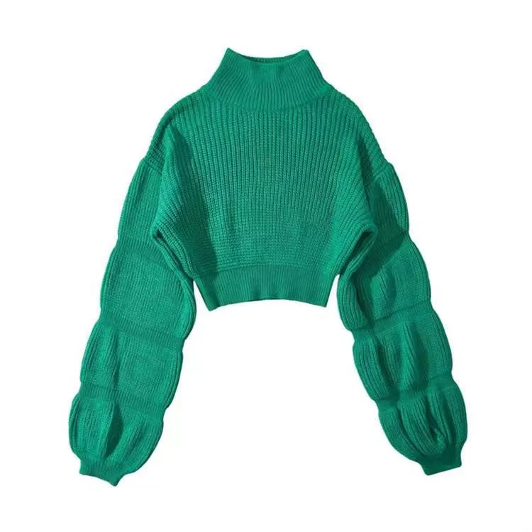 Pre Order:  Turtleneck Puff Sleeves Cropped Sweater