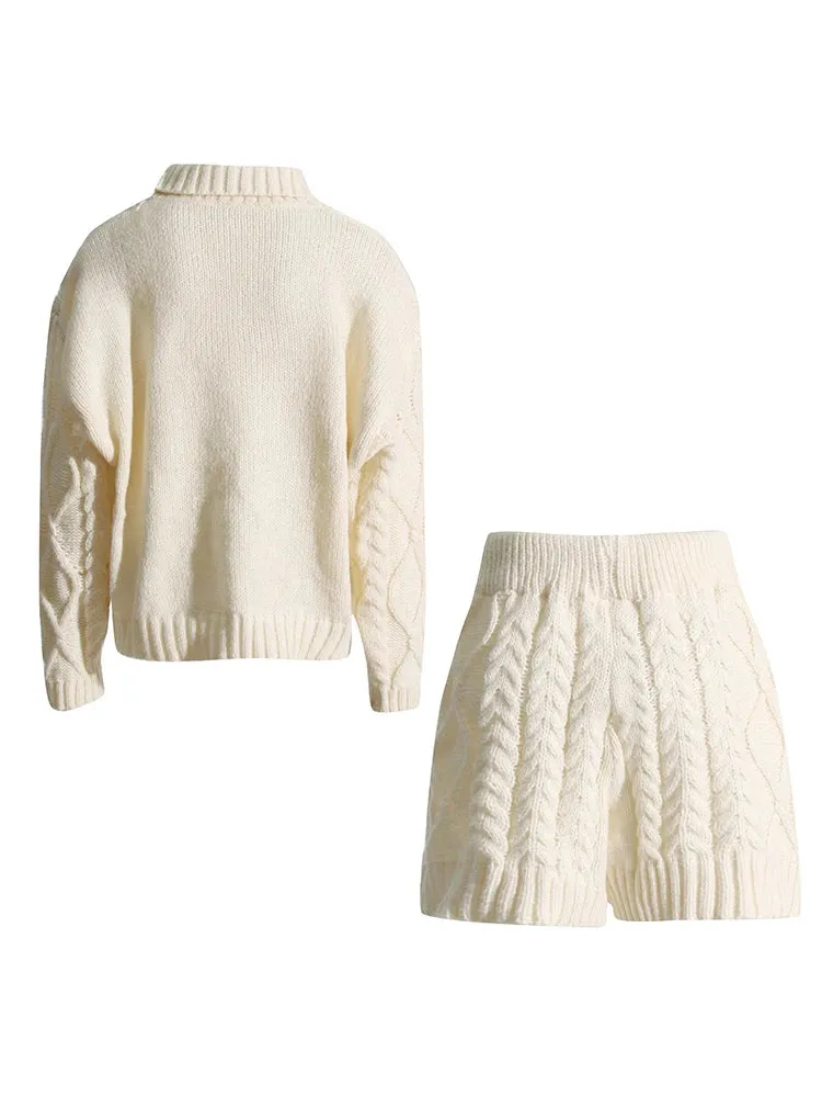 Pre Order:  Turtleneck Sweater Tie-Waist Shorts Cableknit Set