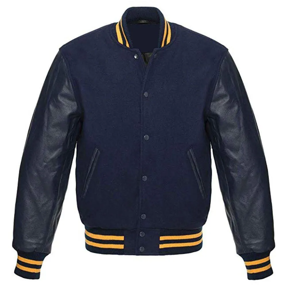 Premium Navy Blue and Golden Striped Men's Varsity Jacket