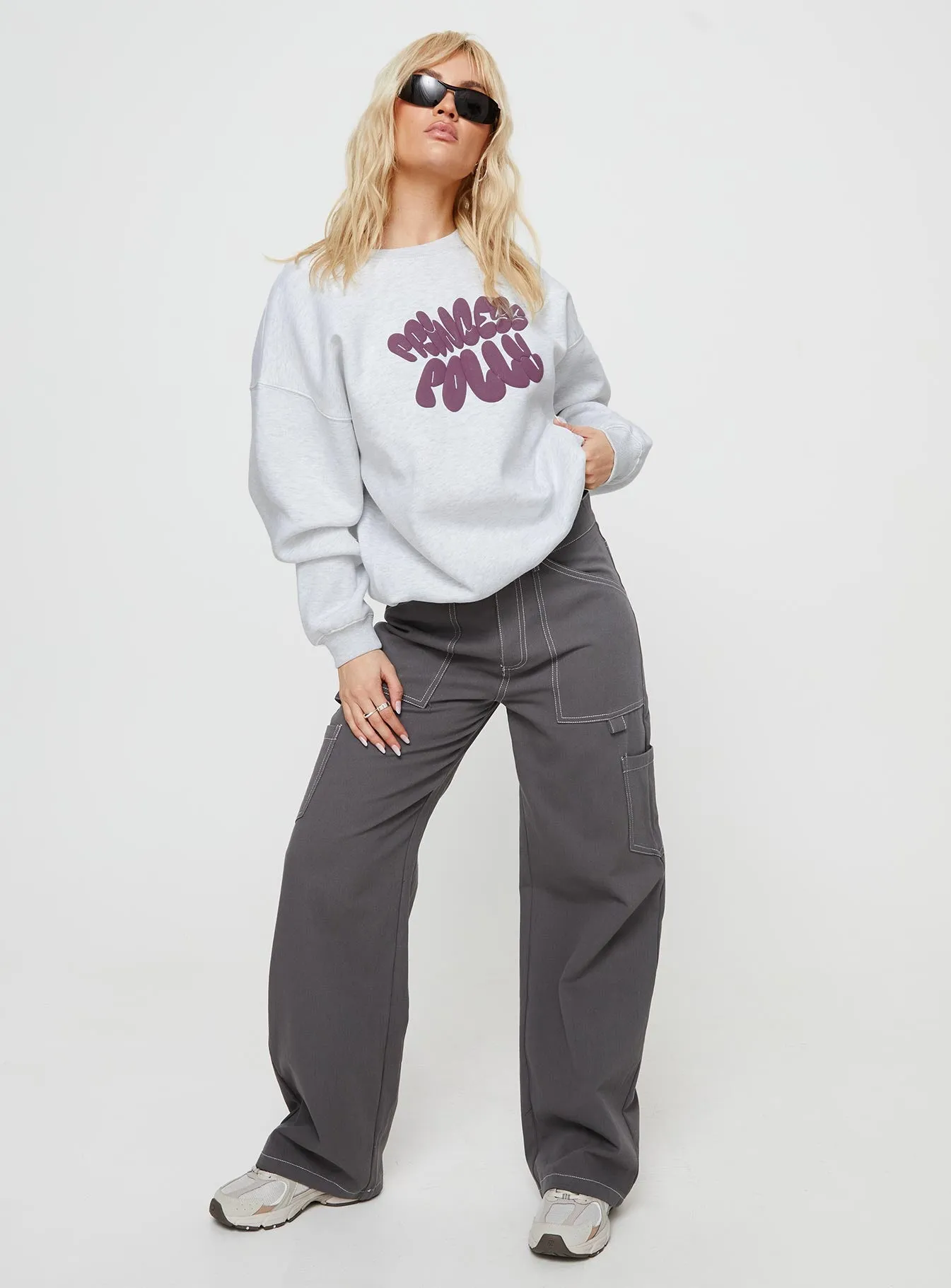 Princess Polly Crew Neck Sweatshirt Bubble Text Grey Marle / Burgundy