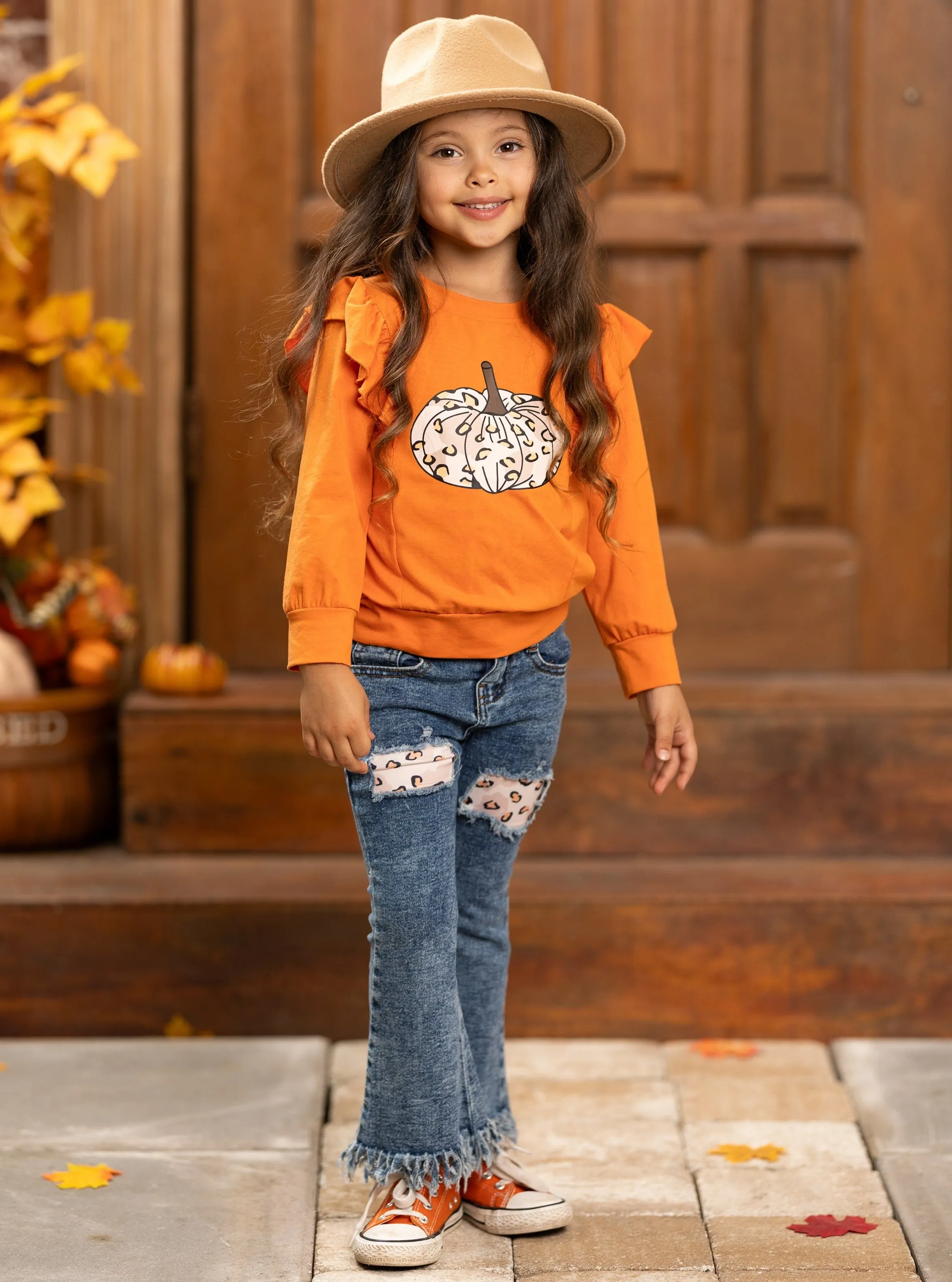 Pumpkin Party Patched Fringe Jeans Set