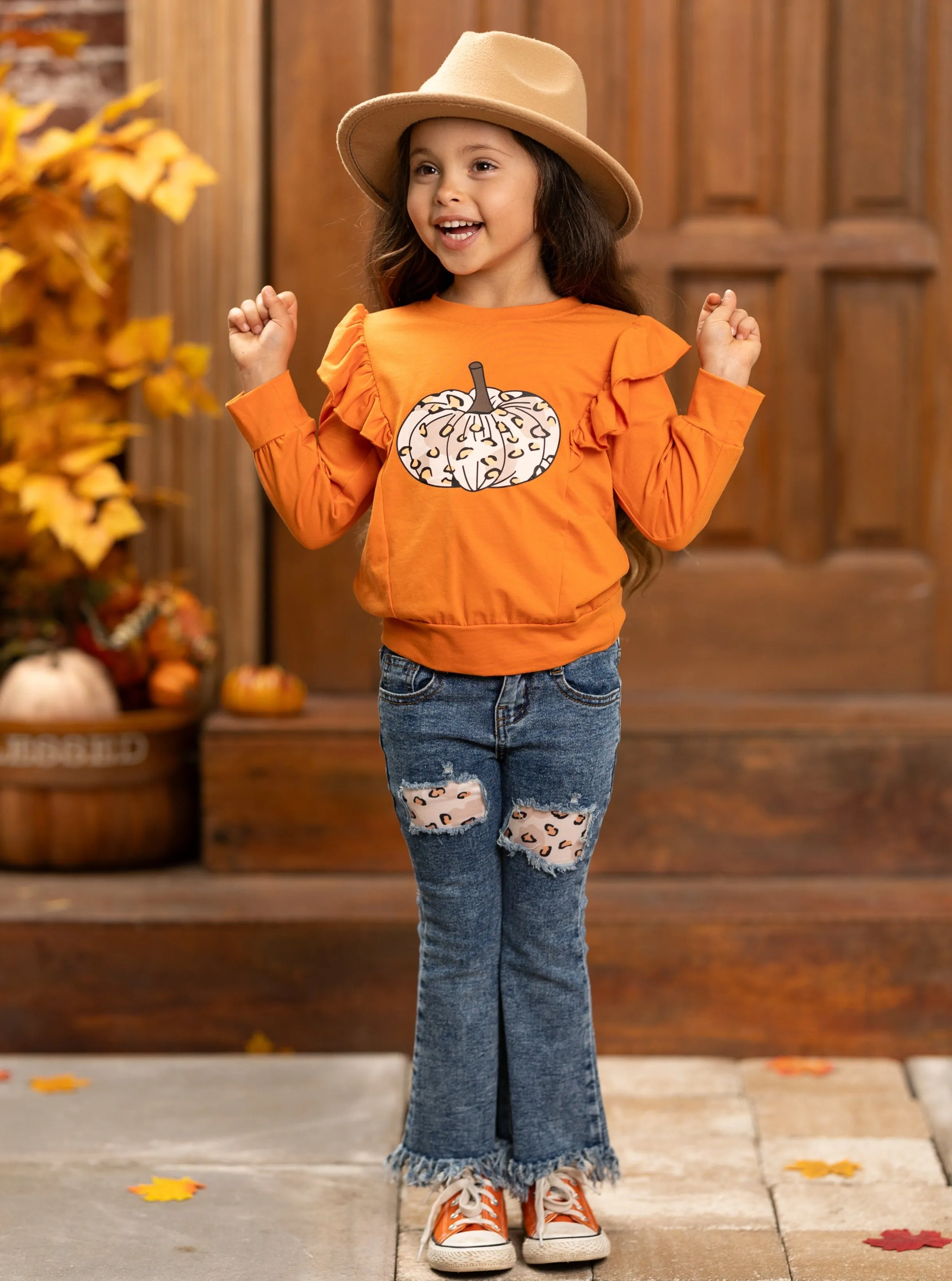 Pumpkin Party Patched Fringe Jeans Set