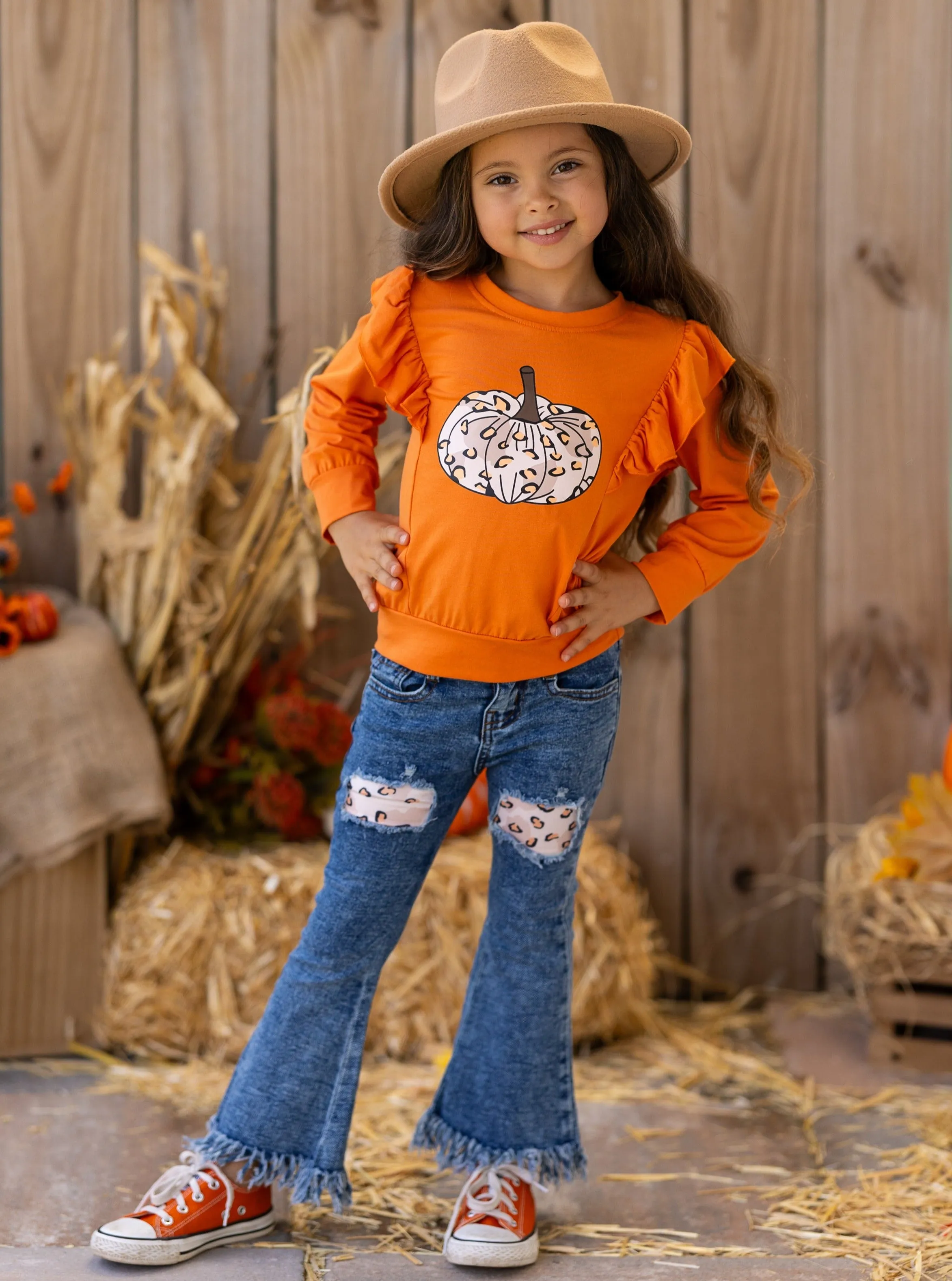 Pumpkin Party Patched Fringe Jeans Set