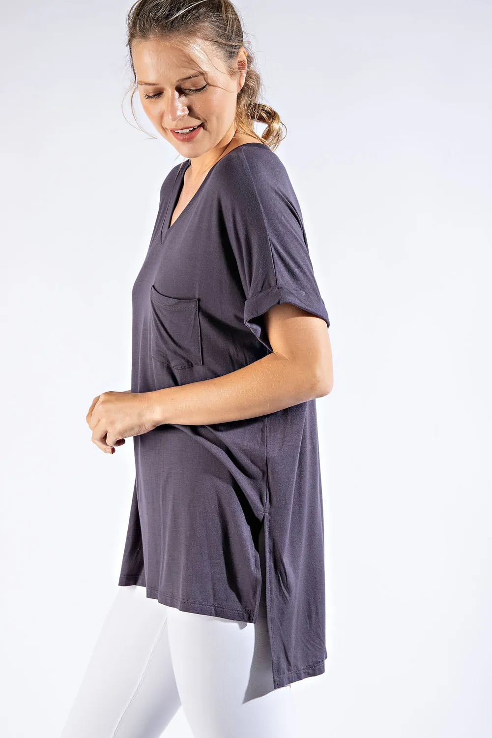 Rae Mode V-Neck Basic High Low Hem Top (Latte, Coal Black & Vintage Denim)