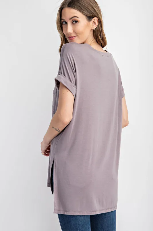 Rae Mode V-Neck Basic High Low Hem Top (Latte, Coal Black & Vintage Denim)