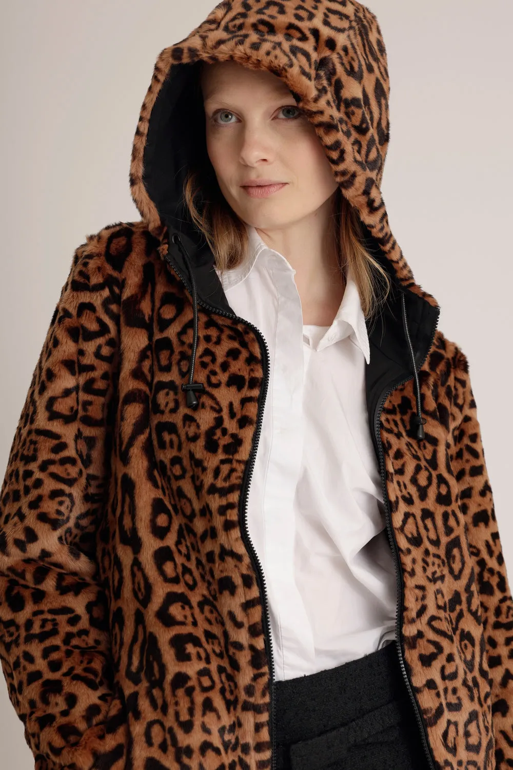 Reversible Parka with Faux Fur Lining - Leopard/ Black