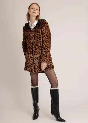 Reversible Parka with Faux Fur Lining - Leopard/ Black