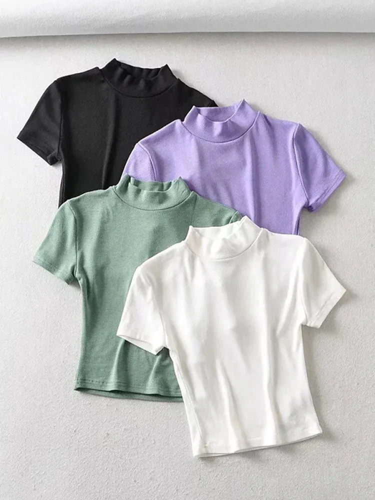 Rib Crop Top with High Neck and Short Sleeves