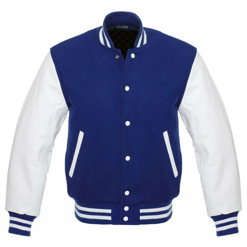 Royal Blue and White Leather Varsity Jacket with Customization Options