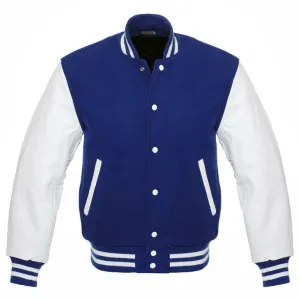 Royal Blue and White Leather Varsity Jacket with Customization Options