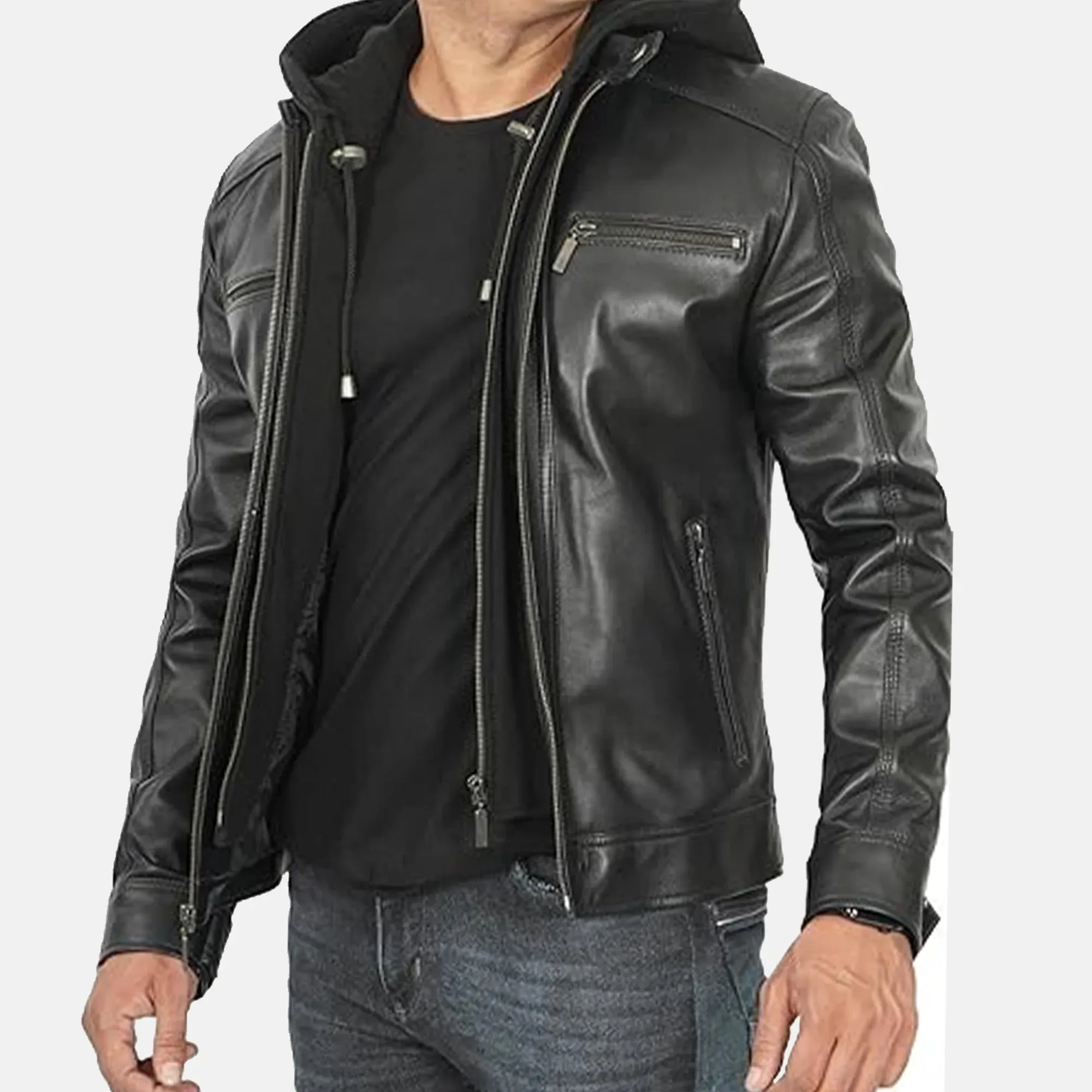 Sable Mirage Black Leather Jacket with Hood