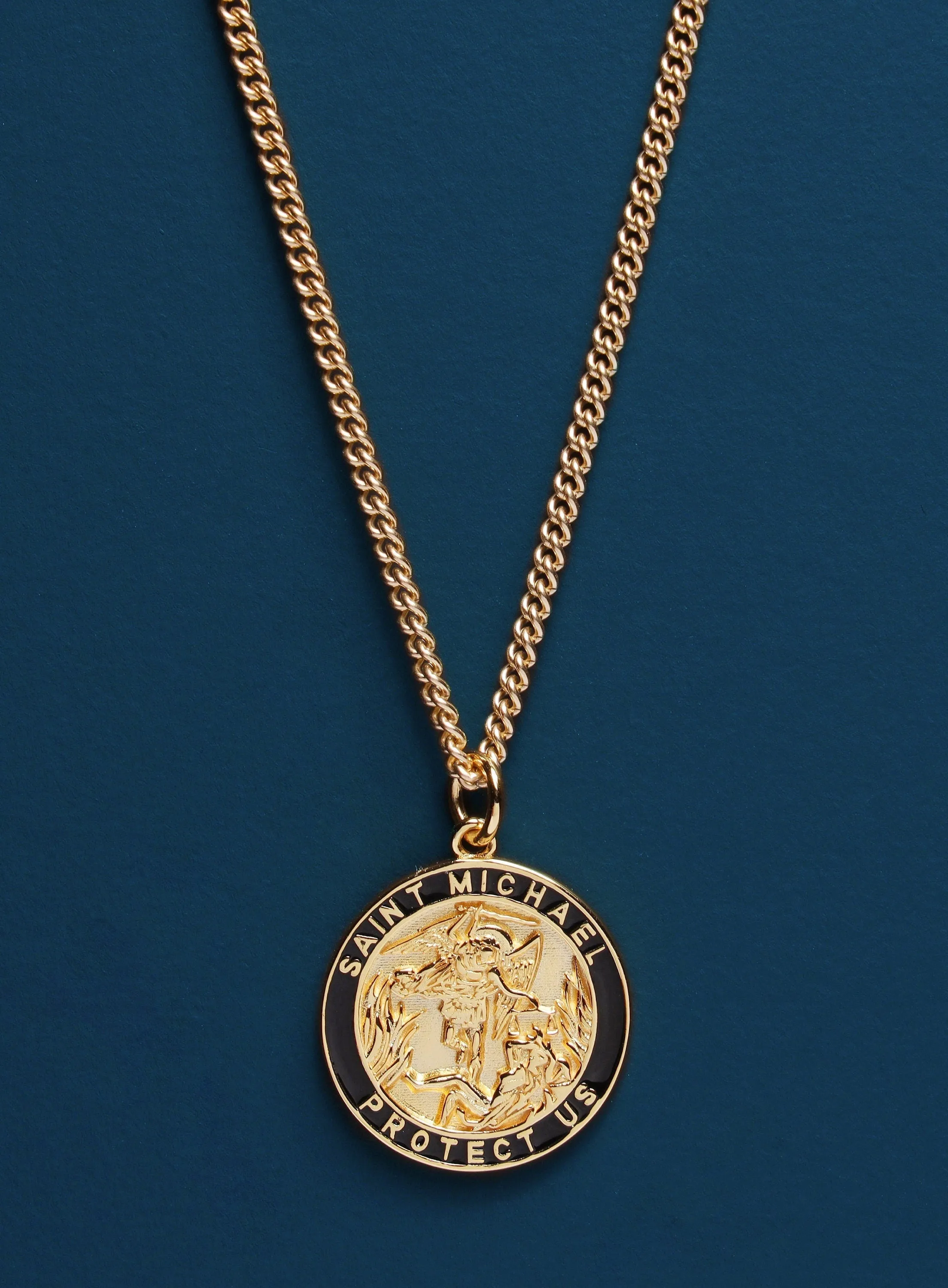 Saint Michael Protection Angel Round Vermeil Gold Pendant for Men