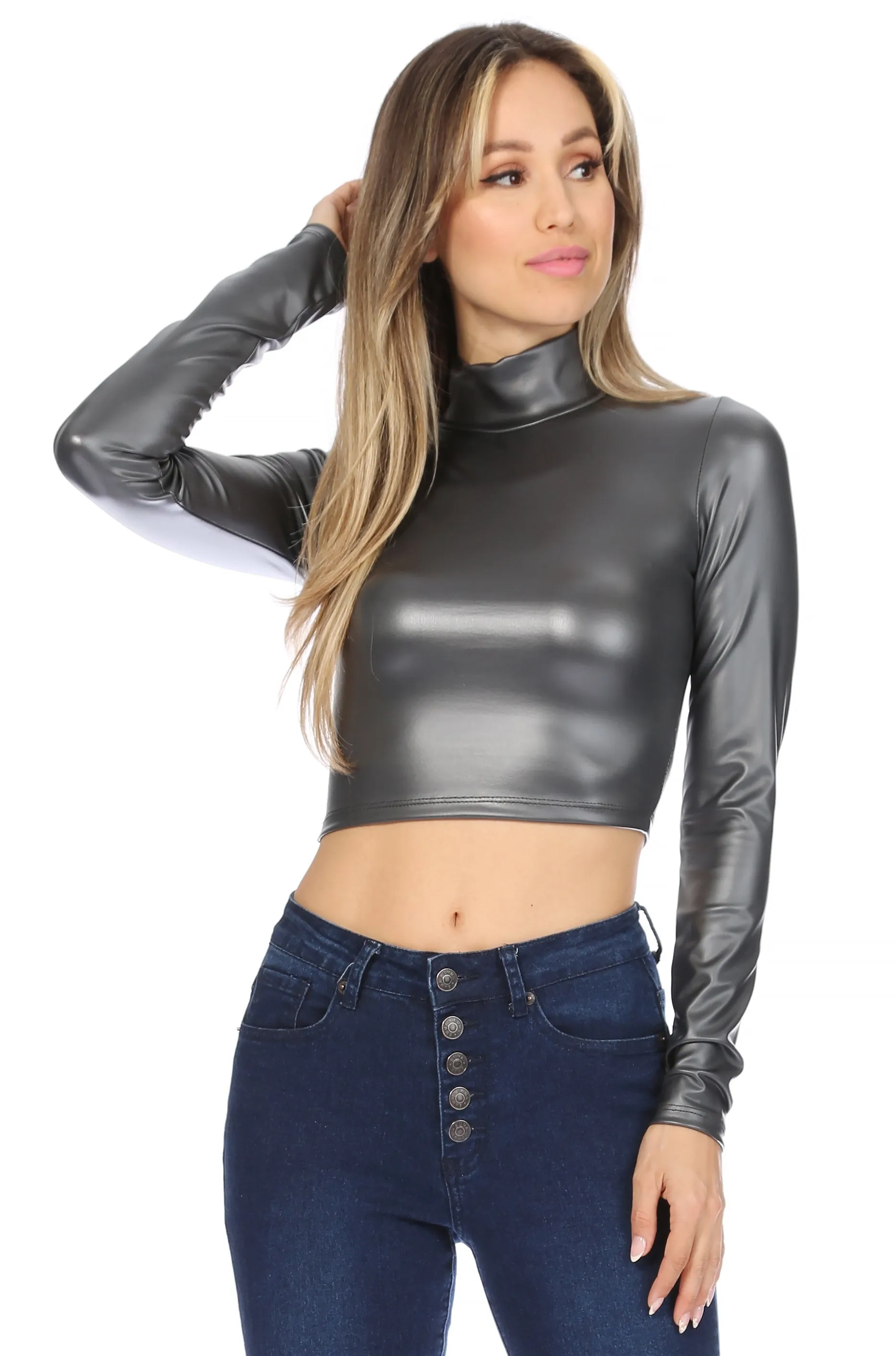 Sakkas Matte Liquid Mock Neck Turtleneck Long Sleeve Crop Top - Made in USA