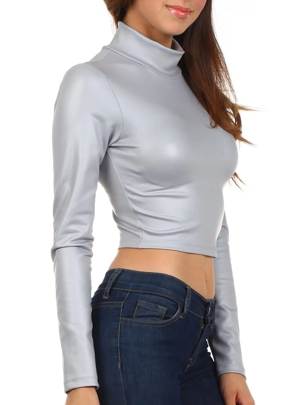 Sakkas Matte Liquid Mock Neck Turtleneck Long Sleeve Crop Top - Made in USA